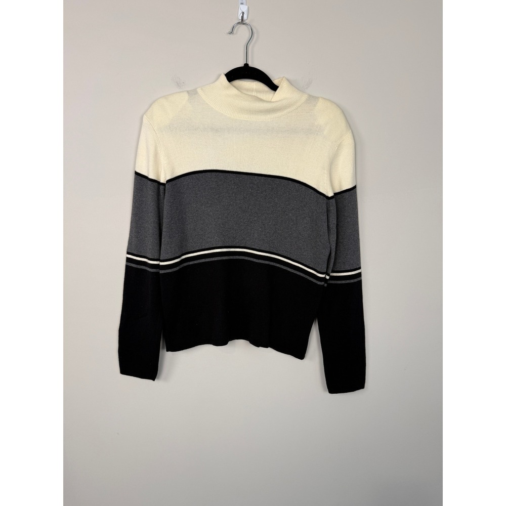Vintage Jeanne Pierre Sweater Cream Grey Black M Mock Neck Colorblock Cotton
